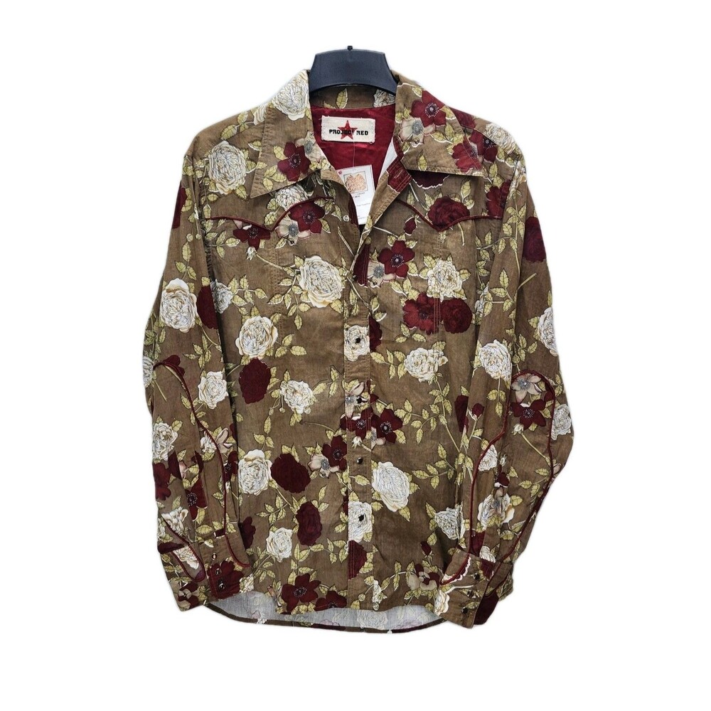 Vintage Project Red Western Shirt Mens L-XL Brown Red Floral Amber Snaps Casual